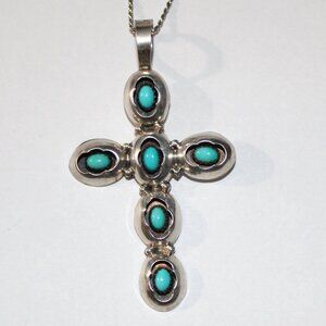 Vintage Sterling Silver Turquoise Cross Necklace Southwestern NC